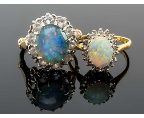 18CT GOLD OPAL & DIAMOND CHIP CLUSTER RING, ring size R 1/2, 4.3gms, together with 9ct gold opal and white stone cluster ring