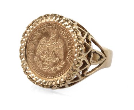 1945 DOS PESOS COIN, in 9ct gold pierced heart ring mount, ring size R, 4.2gmsProvenance: private collection GwyneddComments: