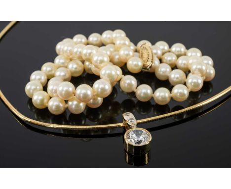 BOXED 14K GOLD WHITE STONE PENDANT on 14k gold chain, 8.4gms, together with boxed pearl necklace with 14k gold clasp (2)Prove