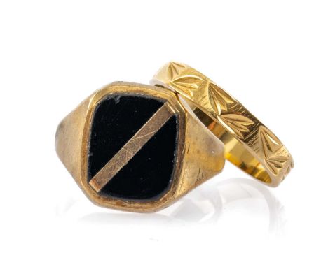 TWO GOLD RINGS comprising 9ct gold onyx ring (3.8gms) and an 18ct gold band (2.8gms), 6.6gms gross (2)Provenance: deceased es