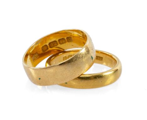TWO 22CT GOLD WEDDING BANDS, ring sizes M & N, 9.0gms gross, in vintage L. R. Crouch of Cardiff & Newport pouch (2)Provenance
