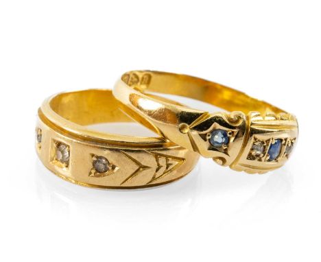 TWO GOLD RINGS comprising 18ct gold three stone diamond chip ring together with an 18ct gold sapphire and diamond ring, 5.7gm