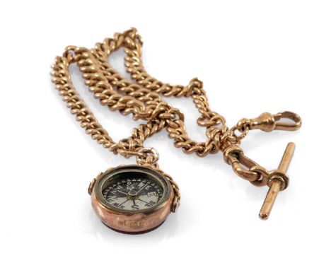 9CT GOLD ALBERT CHAIN, graduated curb link, T-bar with carnelian and compass fob, 41cms long, 56.4gmsProvenance: deceased est
