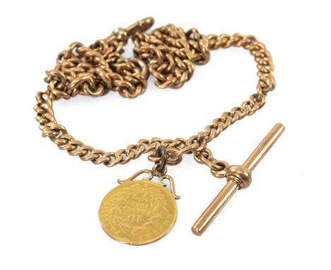 9CT ROSE GOLD GRADUATED CURBLINK ALBERT CHAIN, with T-Bar and 10 franc gold fob, tot wt appr. 40.3gmsProvenance: private coll