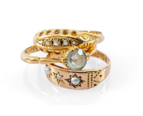 THREE GOLD RINGS comprising 15ct gold seed pearl and diamond ring, 18ct gold diamond chip ring and an 18ct gold ring set with