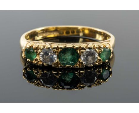 18CT GOLD DIAMOND & EMERALD FIVE STONE RING, ring size M, 3.9gmsProvenance: private collection Wiltshire Comments: light wear