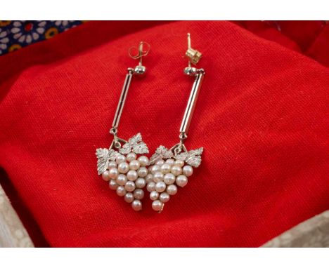 PAIR PLATINUM &amp; 15CT GOLD PEARL PENDANT EARRINGS in the form of a bunch of grapes set with a cluster of seed pearls surmo