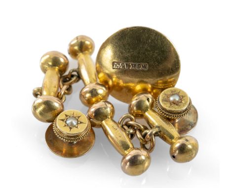 GOLD JEWELLERY comprising three 15ct gold seed pearl set shirt studs, 4.0gms, together with a pair of 9ct gold barbell design