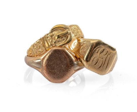 THREE 9CT GOLD RINGS comprising 2 x signet rings (one engraved) and a belt buckle ring, 11.8gms gross (3)Provenance: deceased