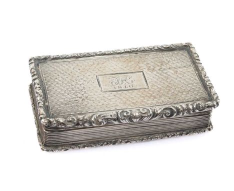 WILLIAM IV SILVER SNUFF BOX, William Philips, rectangular with scroll chased rim and engine turned cover and back, reeded sid