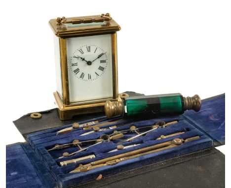 FRENCH BRASS CARRIAGE CLOCK, five glass with platform escapement, 11cms high, together with green glass double scent bottle w