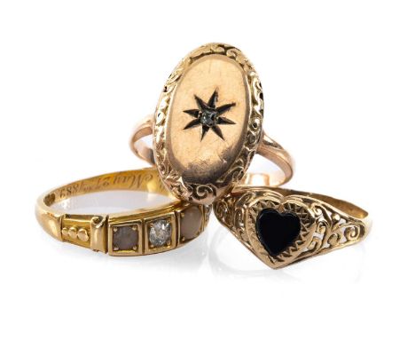 THREE GOLD RINGS comprising 18ct gold coral and diamond five stone ring, 9ct gold onyx heart ring, and a 15ct gold diamond ch