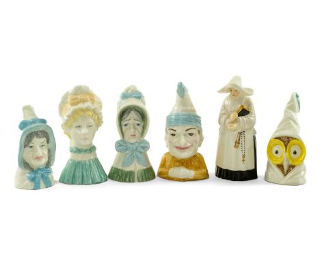 SIX ROYAL WORCESTER PORCELAIN CANDLE SNUFFERS, including Mrs Caudle, Mr Punch, Owl, Mob Cap, Old Woman, and Nun, black printe