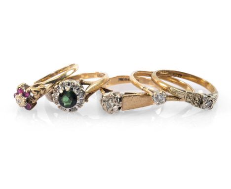 GOLD RINGS comprising three 9ct gold diamond chip rings, 9ct gold tourmaline and diamond chip cluster ring and another cluste