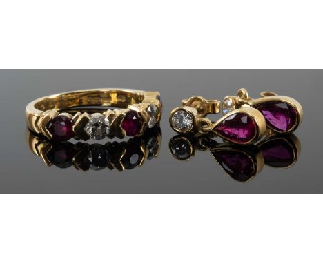 18CT GOLD FIVE STONE DIAMOND & RUBY RING, ring size N, together with a pair of yellow metal diamond and ruby drop earrings, 7