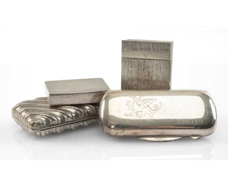 FOUR SILVER SNUFF BOXES, including two by S J Rose, B'ham 1977 & 1972; green enamel and Welsh dragon engraved '925' box, with