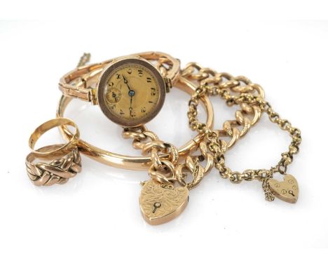 ASSORTED GOLD JEWELLERY, including hinged bangle, hollow curblink bracelet with monogram-engraved padlock clasp, similar belc