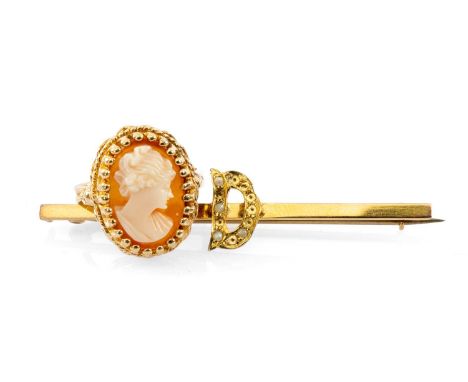 GOLD JEWELLERY comprising 10K gold cameo ring, ring size J, together with 9ct gold seed pearl 'D' brooch, 6.7gms gross, both 