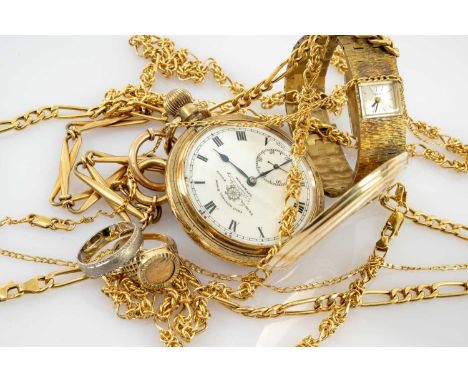 ASSORTED GOLD JEWELLERY & WATCHES, including 4x 9ct gold chains, 31.6g, small gold coin-set ring 2.6g, 9ct white gold band 2.