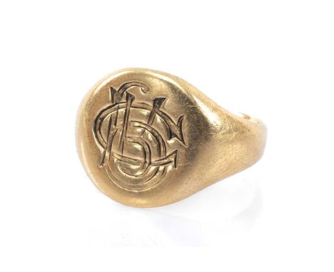 18CT GOLD SIGNET RING, engraved initials, ring size K, 5.4gmsProvenance: private collection Wiltshire Comments: light wear ov