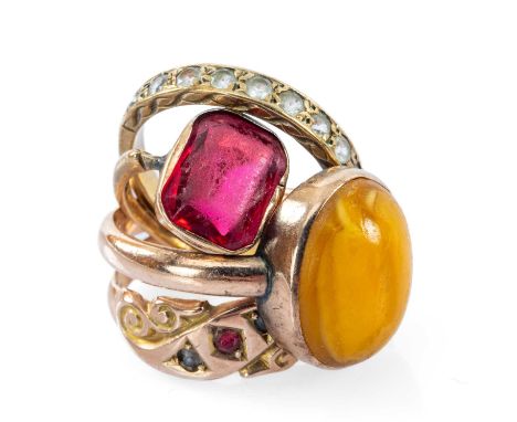 FOUR GOLD RINGS comprising 9ct gold ruby and seed pearl ring, together with three further gem set rings, 8.4gms gross, in vin