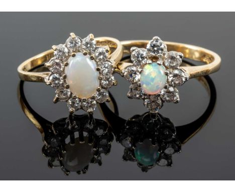 TWO 9CT GOLD OPAL & WHITE STONE CLUSTER RINGS, ring sizes P 1/2 and J, 4.4gms gross (2)Provenance: private collection North W