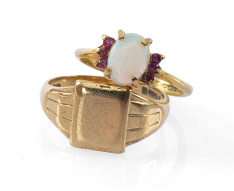 9CT GOLD SIGNET RING together with a 9ct gold opal and pink stone ring, 5.4gms gross (2)Provenance: deceased estate Denbighsh