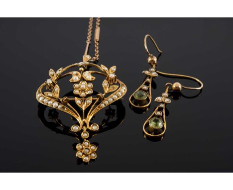 CASED EDWARDIAN 9CT GOLD SEED PEARL PENDANT on 9ct gold chain, together with a pair of 9ct gold seed pearl and peridot earrin