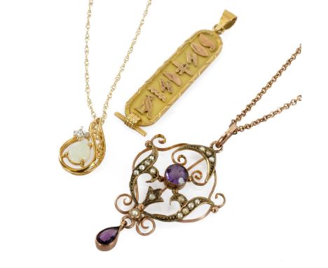 GOLD JEWELLERY comprising 9ct gold opal and diamond chip pendant on 9ct gold chain, 9ct gold seed pearl and amethyst pendant 