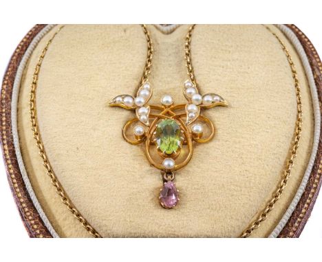 EDWARDIAN AMETHYST, PERIDOT & PEARL PENDANT, the Suffragette coloured stones in 15ct gold frame, on gold chain in bespoke vel