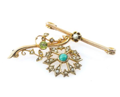 GOLD PENDANT &amp; BROOCHES, comprising 15ct peridot and seed pearl bar brooch, 9ct seed pearl and turquoise set star burst p