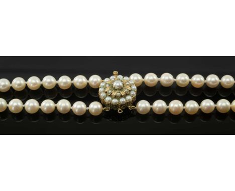 TWO STRAND CULTURED PEARL NECKLACE, with 9ct gold and pearl floral clasp, pearls 8mm diam., 81g., 49.5cms longProvenance: pri