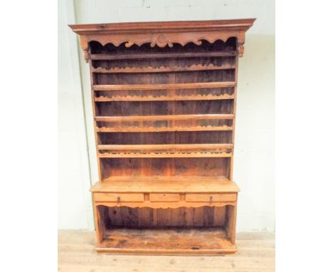 French elm dresser with plate rack shelf back, three drawers and pot board under, 4'9" wide