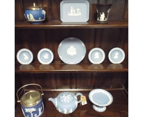 Wedgwood Jasper ware biscuit barrel, teapot, comport, various dishes etc 