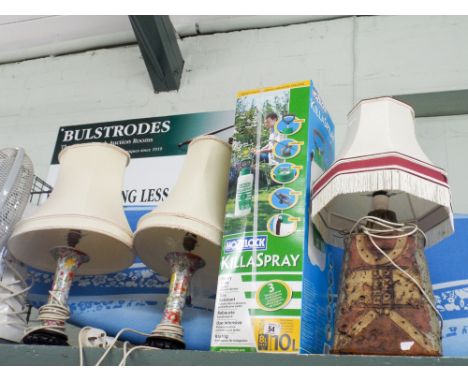 Oscillating fan, three table lamps and a hose lock pump-up spray can - stone lamp failed test
