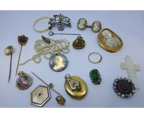 A collection of Victorian and later jewellery to include cameo and other brooches, opal and other stickpins, childs bangle an