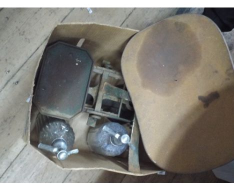 Set of balance scales and two old soda siphons etc 