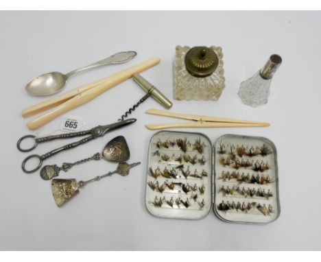 Victorian ivory glove stretchers, continental silver sugar shovel, grape scissors, collectable corkscrew etc