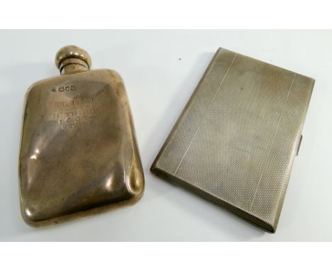 Edwardian silver hip flask and a silver cigarette case. Gross weight of two items 10.5 troy oz 