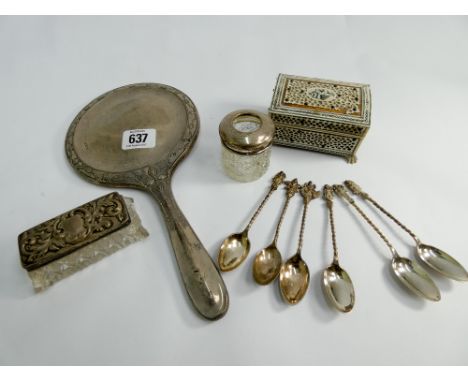 Hallmarked silver backed dressing table mirror, dressing table jars, inlaid bone trinket casket, six white metal Indian spoon