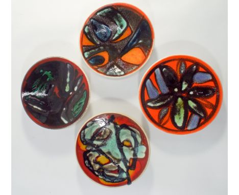 Four Poole Pottery Delphis Studio circular pin trays shape No 49