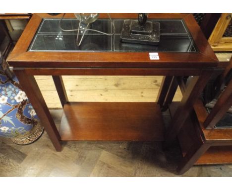 Mahogany two-tier coffee table with black leather top, a matching two-tier side table and two lamp tables 
