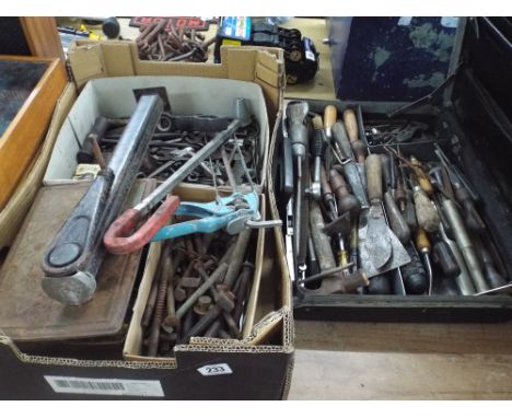 A box of old hand tools and an attaché case of old hand tools