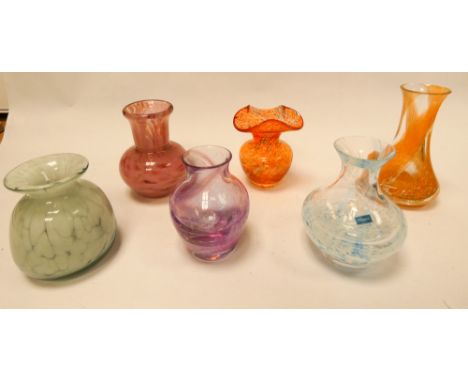 Six art glass vases to include Caithness and Medina examples. Tallest vase 12cm 