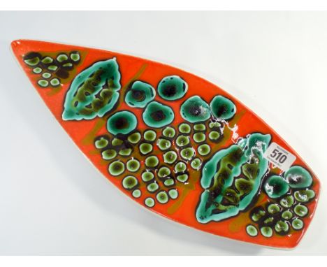 A Poole Pottery Delphis Studio leaf plate shape number 82 in deep red and blue colours 