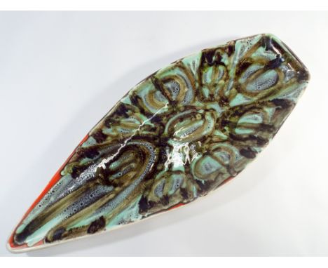 A Poole Pottery Delphis Studio leaf plate shape number 82 in moss greens turquoise and orange colours 