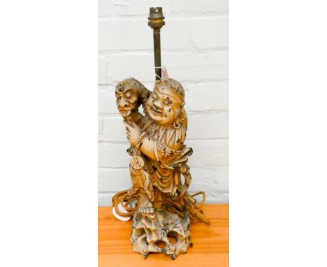 Chinese painted carved wooden figure table lamp, approx 21" high 