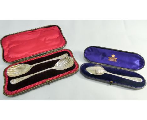Pair of cased Edwardian silver spoons and a cased Georgian jam spoon in fitted box 