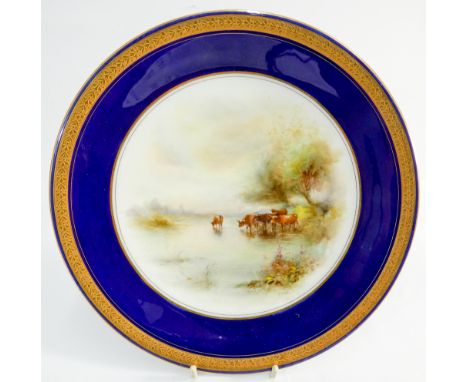Royal Worcester cabinet plate painted by Harry Stinton, depicting cattle drinking at a river, signed lower right, 23.5cm diam