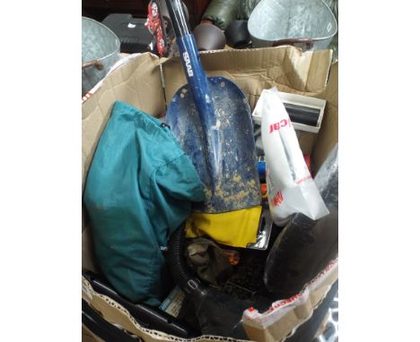 Two boxes containing radios, portable CD's, Shovel, brushes, tools etc